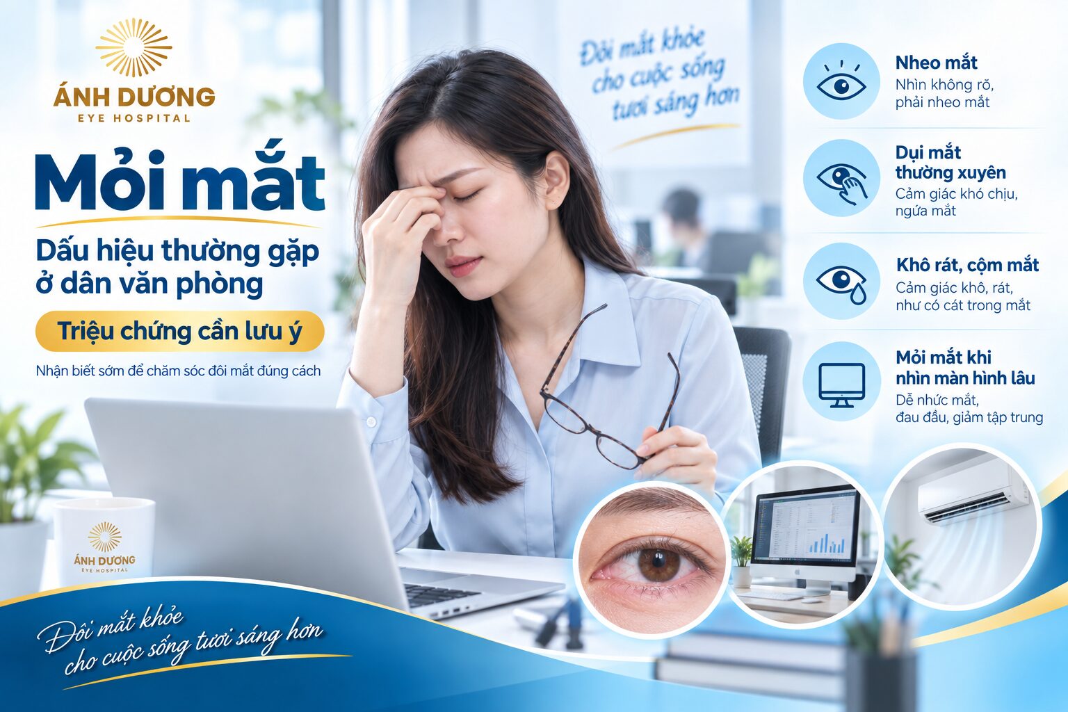 Hình ảnh nhân viên văn phòng mệt mỏi, nheo mắt và dụi mắt do mỏi mắt sau nhiều giờ làm việc với máy tính.