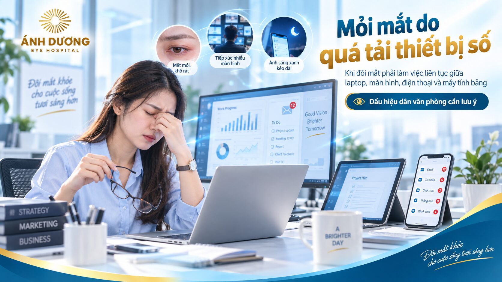 Hình ảnh một góc làm việc văn phòng với nhiều thiết bị kỹ thuật số như máy tính, điện thoại, máy tính bảng, minh họa nguyên nhân gây mỏi mắt do sử dụng nhiều màn hình.