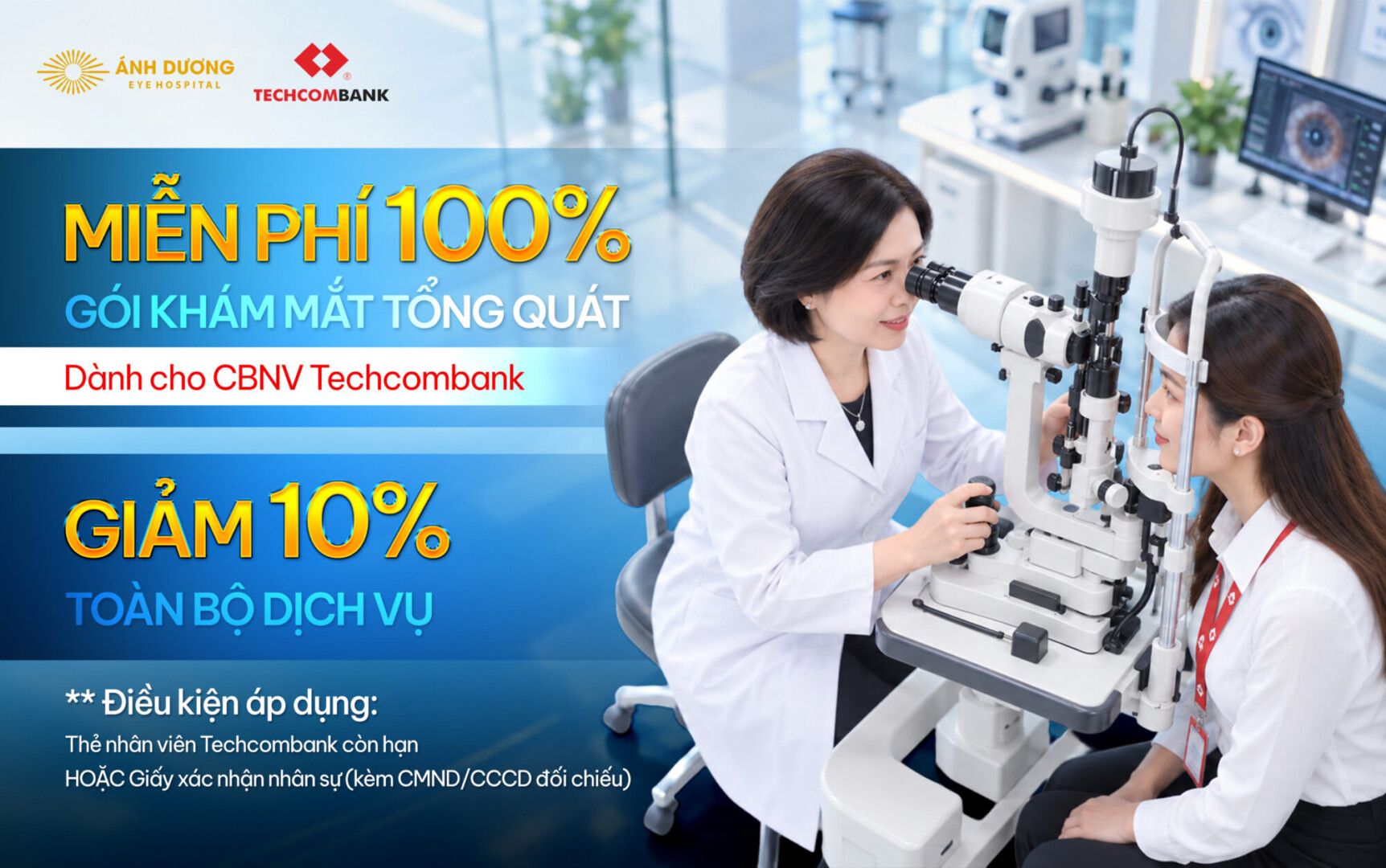 Ưu đãi 100% gói khám mắt tổng quát cho CBNV Techcombank